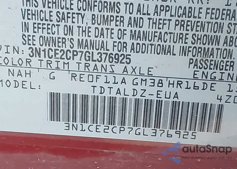 2016 Nissan Versa Note S (Sr)/S Plus/Sl/Sr/Sv z USA, uszkodzony, nr VIN 3N1CE2CP7GL376925